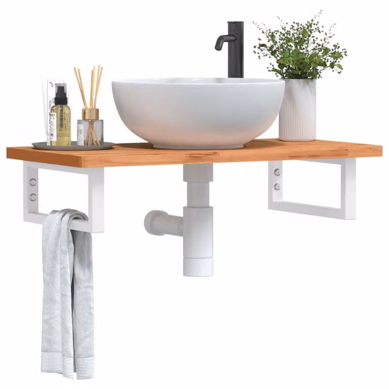 vidaXL Ripiano a Parete per Lavabo in Acciaio e Massello di Faggio