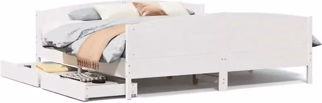 Letto matrimoniale in legno massello di pino bianco con cassetti stile rustico L/P/H: 160 x 200 x 165.5 cm