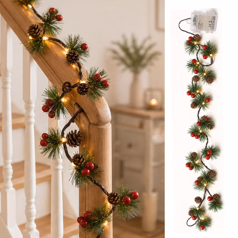 Catena luminosa da 2 metri, con 20 LED bianco caldo, rami di pino, pigne, bacche, timer