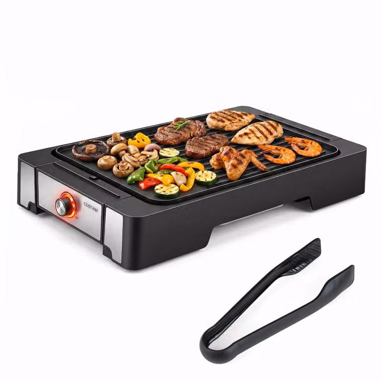 COSTWAY, griglia elettrica, 2300W, griglia da tavolo con 2 zone di riscaldamento, piastra antiaderente e vaschetta di raccolta del grasso, griglia elettrica per barbecue, inclusa pinza per griglia, dimensioni 53x31x8,5 cm