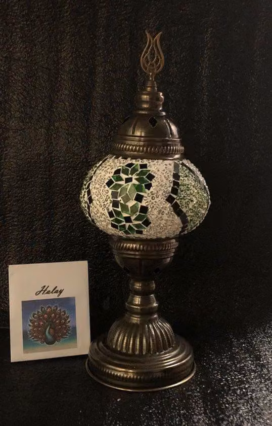 Lampada mosaico turca fatta a mano in verde e bianco – Lampada da tavolo orientale, luce notturna, 100% unica e sicura