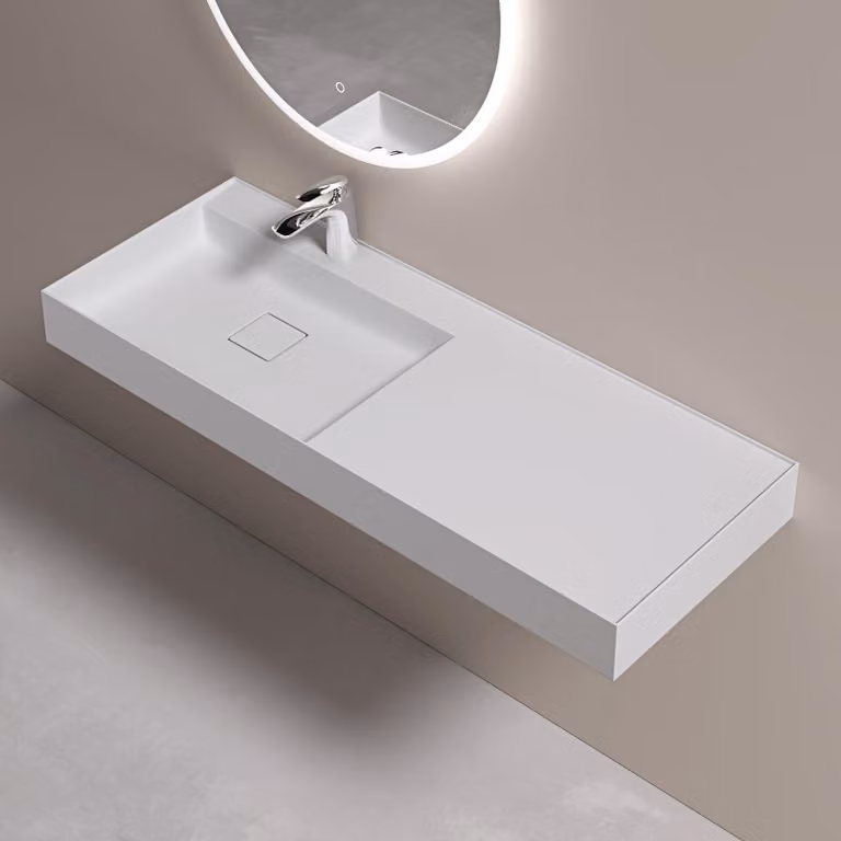 doporro Lavabo Bagno Sospeso 120 cm Rettangolare in Resina Bianco Opaco con Vasca Integrata a Sinistra e Piletta Inclusa Colossum630