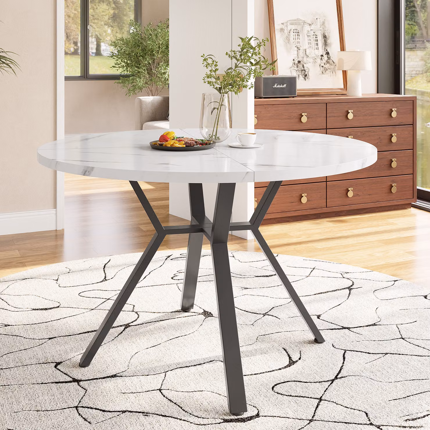 Tavolo da pranzo rotondo Flieks, tavolo rotondo 100x75cm, tavolino con gambe in metallo, tavolo da pranzo per case alla moda, bianco+nero