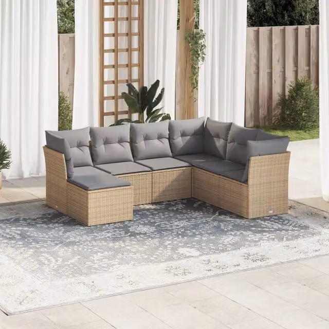 Set di divani da giardino VIDAXL in polyrattan da 7 pezzi con cuscini beige in stile moderno a forma di L