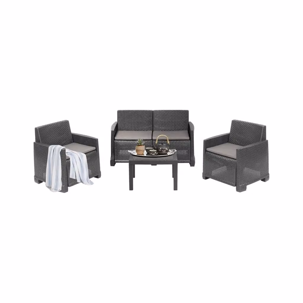 Set Salotto da Esterno Atrito DMORA in Rattan Antracite con Divano a 2 Posti, Poltrone e Tavolino da Giardino – 2