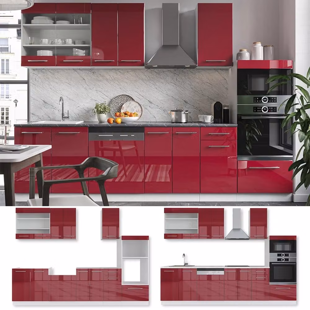 Cucina componibile Fame-Line Vicco Bordeaux lucido e Bianco con armadio alto e PL Rovere, Larghezza: 300 cm – 2