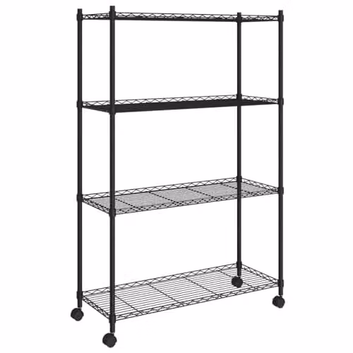 Helloshop26 Scaffale di stoccaggio carico pesante per officina garage attrezzi a 4 livelli e ruote, 90 x 35 x 137 cm, 200 kg, colore: nero