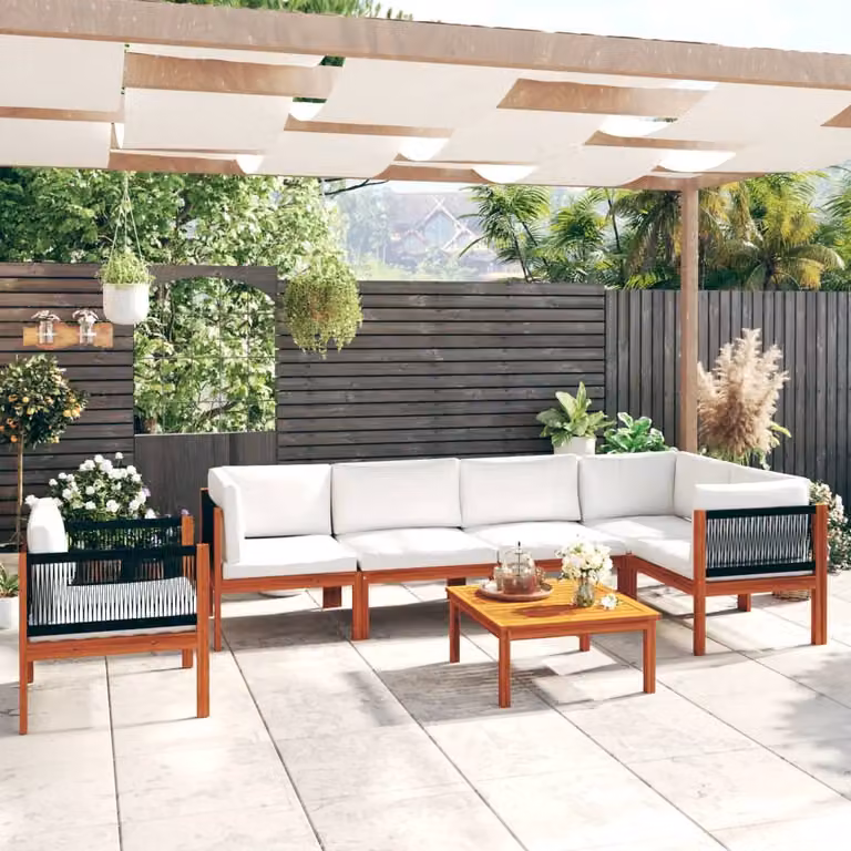 The Living Store Set da giardino 7 pezzi con cuscini in legno massiccio di acacia bianco crema
