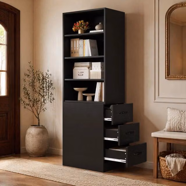 Libreria Mivray moderna in truciolare nero con tre cassetti laterali e due ripiani regolabili L: 60 cm, P: 38 cm, H: 180 cm