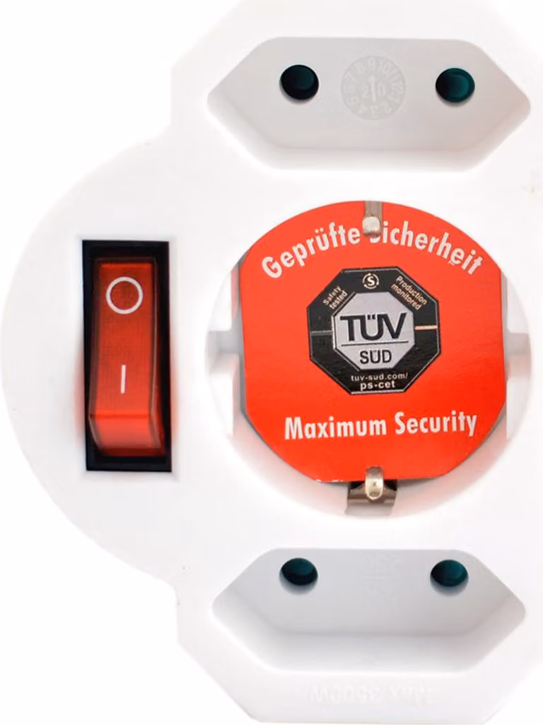 Prese multiple a 3 vie con interruttore, Schuko e 2 prese Euro, omologazione bianco