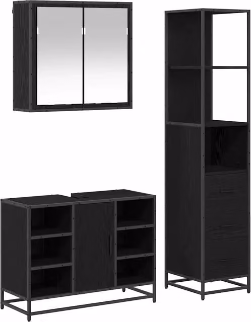 Set di mobili per il bagno minimalista composto da 3 pezzi in legno rovere e nero opaco con armadietto specchiato, mobile lavabo e colonna alta, montaggio a parete – 1
