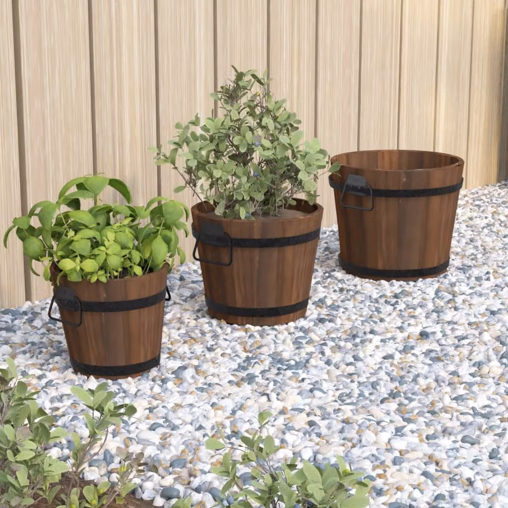 Set di 3 vasi per fiori vidaXL in legno di abete e metallo, disponibili nei colori nero e marrone