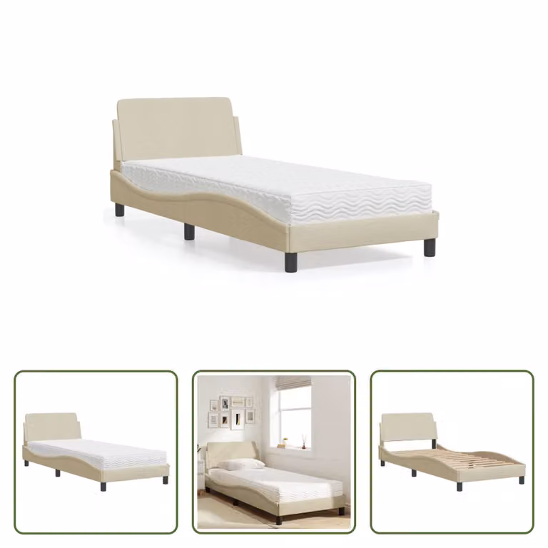 The Living Store Letto con materasso panna 90x200 cm in tessuto