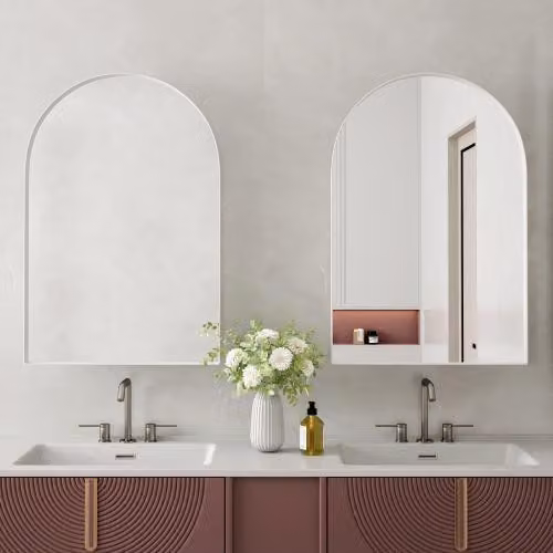 AIORBER Armadio a specchio ad arco con spazio di archiviazione, armadio a specchio da bagno con telaio in metallo e ripiani regolabili, da parete o da incasso, bianco