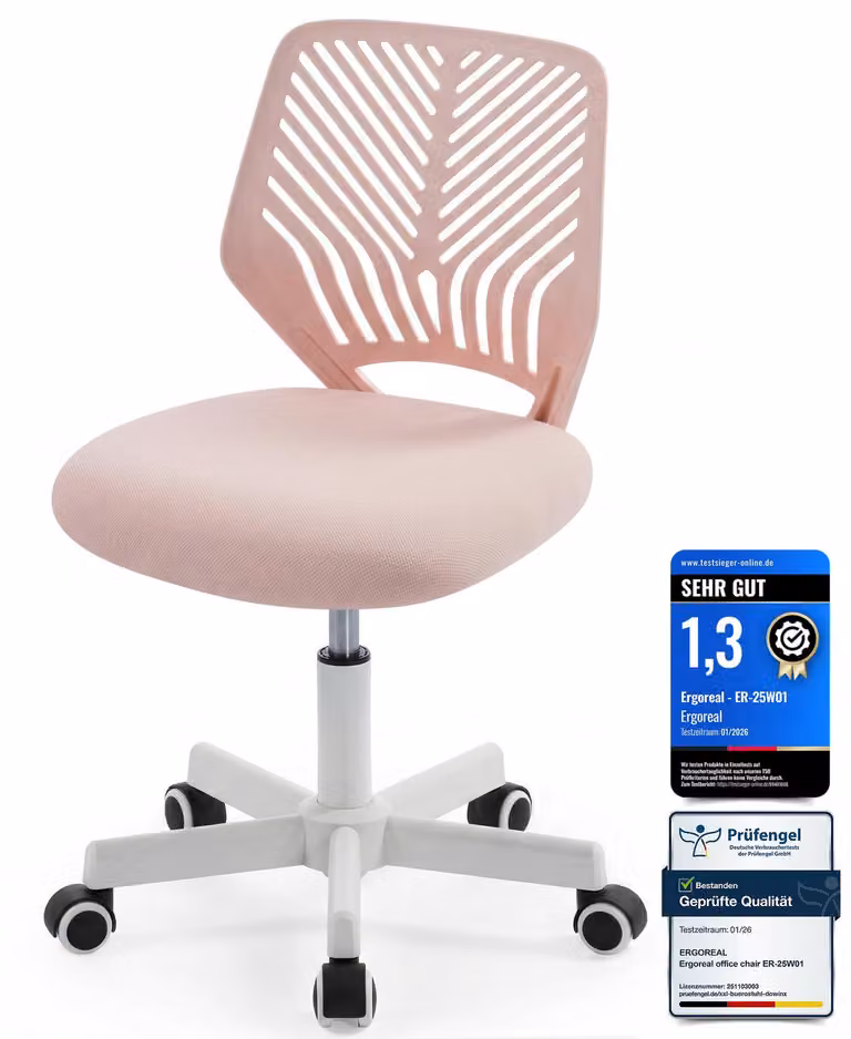 Sedia da ufficio ergonomica senza braccioli, regolabile in altezza, con rotelle, schienale confortevole, ideale per l'ufficio domestico, lo studio o l'uso personale. - Rosa