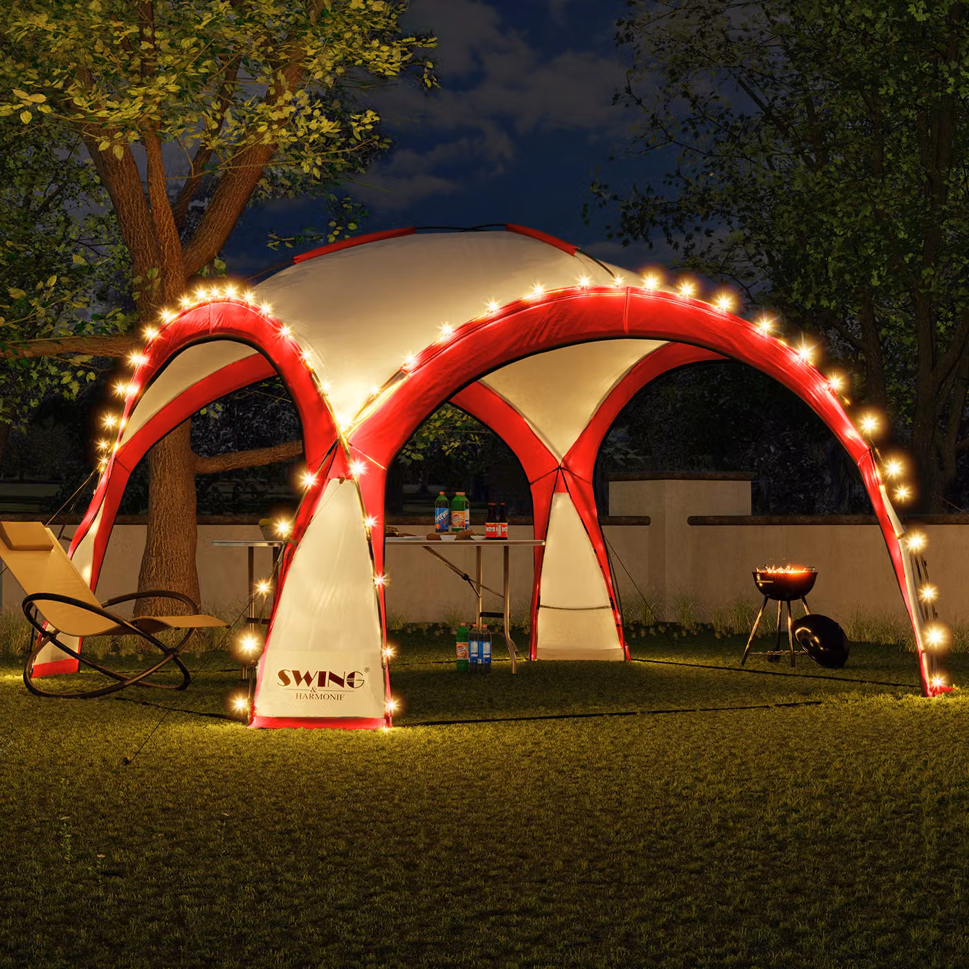 LED padiglione per eventi XXL DomeShelter 450cm giardino incl. pannello solare tenda da giardino di design tenda da campeggio per feste con illuminazione - rosso