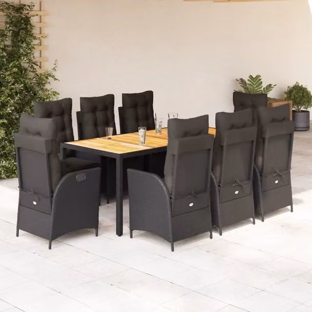 Set da pranzo da giardino vidaXL in legno di acacia e polyrattan nero con 9 pezzi
