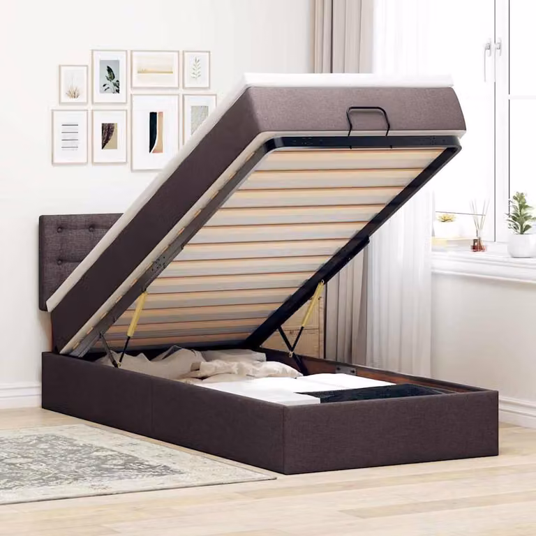 vidaXL Pouf Letto con Materasso Marrone e Bianco, L/P/H: 203 x 140 x 88 cm, con Base a Sollevamento, Illuminazione Sotto il Letto e Porta di Ricarica USB