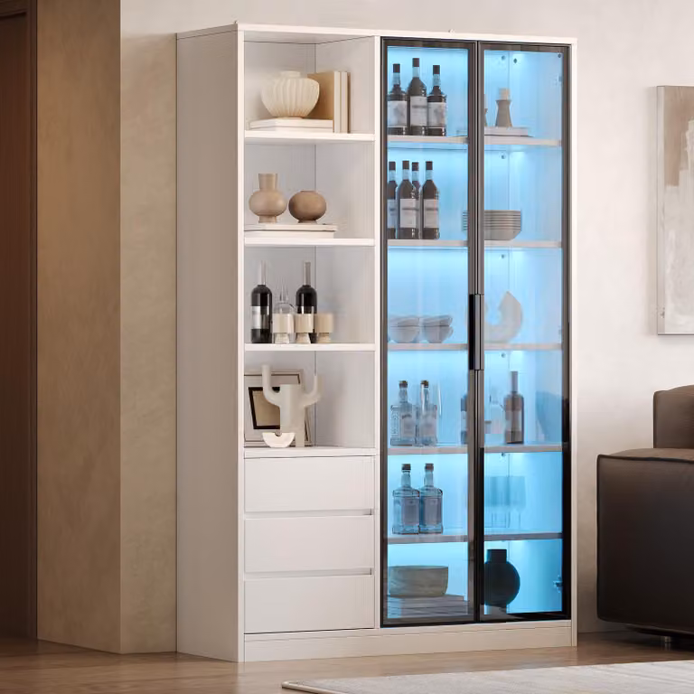 Armadio alto STILVORA con illuminazione a LED e 3 cassetti, mobile vetrina con 2 ante in vetro temperato, e mobiletto per vini con ripiano regolabile in altezza