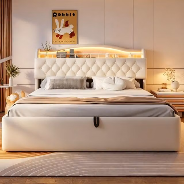 Letto contenitore imbottito in velluto 180 x 200 cm, letto matrimoniale con LED, USB, Type-C, testiera con contenitore e rete metallo, beige