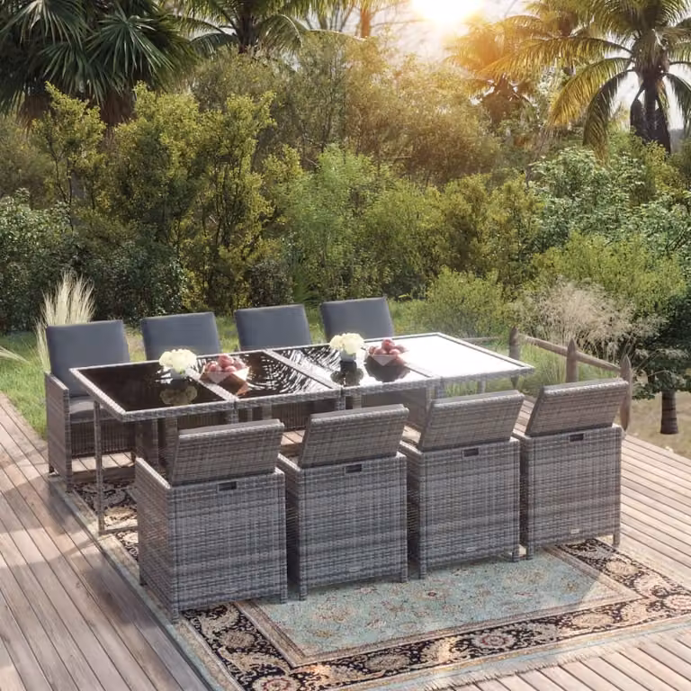 The Living Store Set da pranzo da giardino 9 pezzi con cuscini in poly rattan grigio