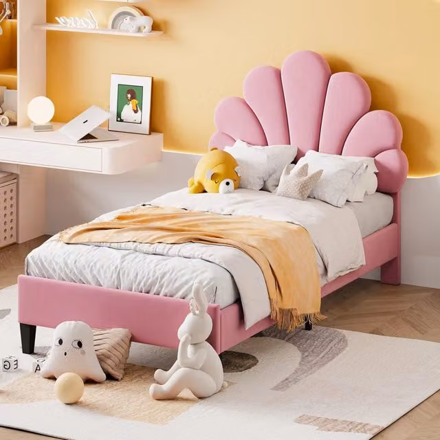 Letto Imbottito Singolo con Testiera a Fiori e Doghe ¨C MINIMAL ¨C Velluto Rosa 90x200