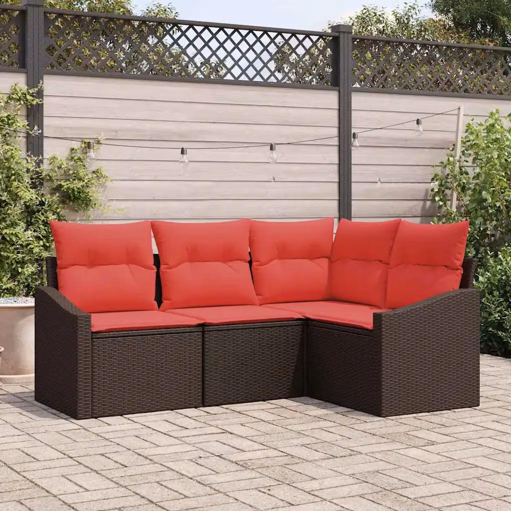 Set di divani da giardino vidaXL a forma di L con tavolo da caffè, colore marrone e rosso, in rattan e metallo con cuscini inclusi