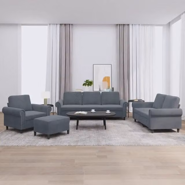 Set di divani moderno vidaXL in velluto grigio composto da divano a 3 posti, divano a 2 posti, pouf e cuscini