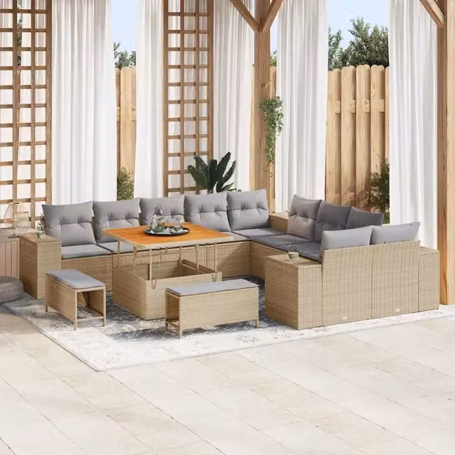 Set Divano da Giardino a Forma di U vidaXL in Polyrattan Beige con 13 Pezzi e Cuscini Inclusi