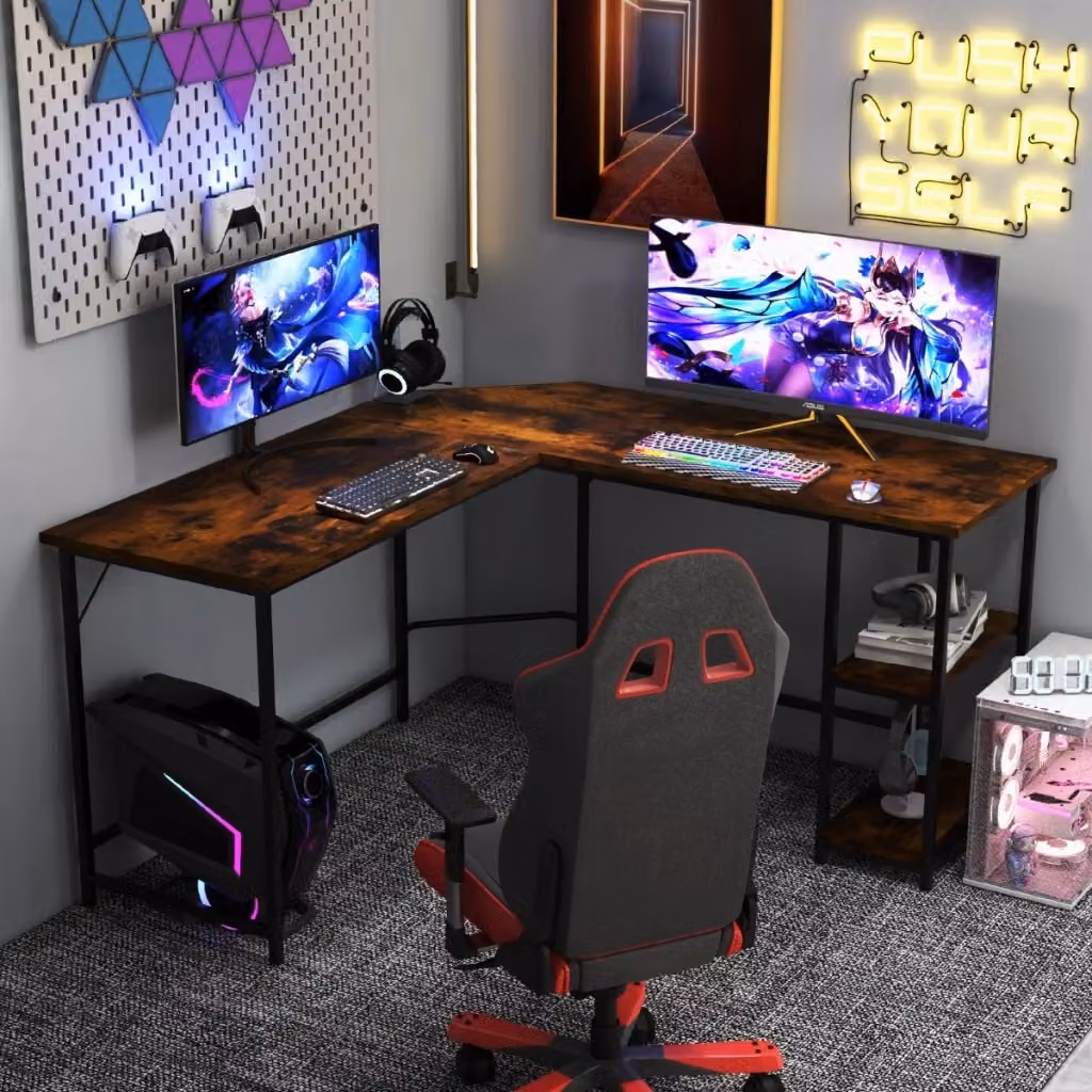 Scrivania angolare a L per ufficio e home office in stile industriale con ripiano in MDF laminato marrone e telaio in metallo, L: 138 cm – 2