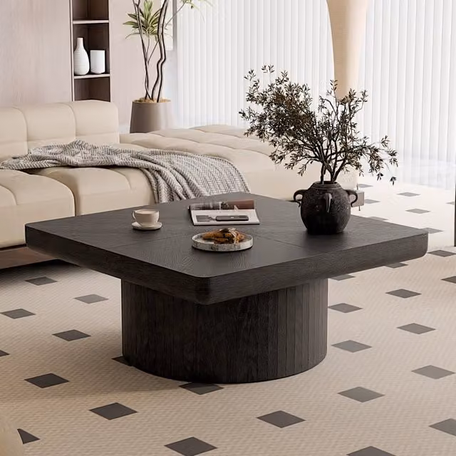 Tavolino basso fisso quadrato con piano da 8 cm in legno e MDF; base cilindrica nera effetto parquet