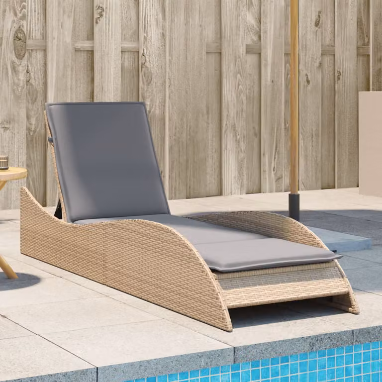 vidaXL Lettino Prendisole in Polyrattan con Cuscino Beige e Grigio, Poggiatesta Regolabile, L/P/H: 205 x 60 x 73 cm