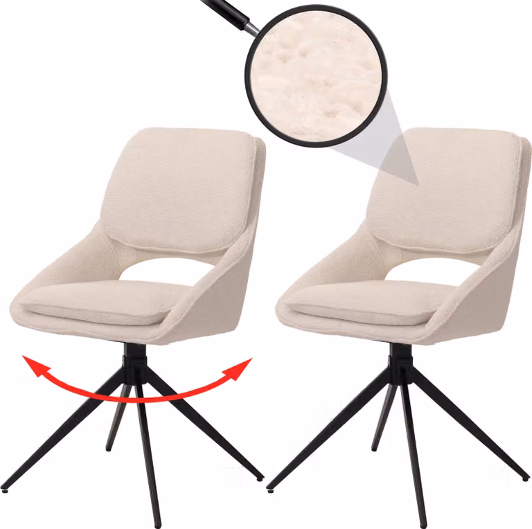 Set di 2 sedie da pranzo HWC-N73, sedie per la cucina, girevoli con sistema di ritorno automatico, rivestite in tessuto boucle (540g/m²), colore crema