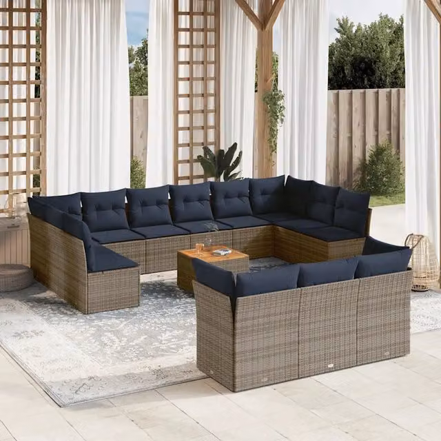 Set di divani da giardino a forma di U vidaXL in polyrattan grigio con cuscini e tavolino da esterno