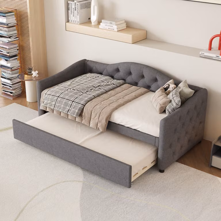 okwish divano letto daybed 90x200cm con sotto letto estraibile 90x190cm e rete a doghe, daybed letto per bambini letto per ragazzi (con materasso) - grigio