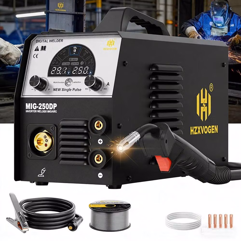 Saldatrice MIG 5-in-1 - MIG250DP Inverter - MIG MAG (con o senza gas), MMA Lift, TIG - Funzione pulsata per l'alluminio - 220–240 V (UE) - Alimentazione automatica del filo - Display LED