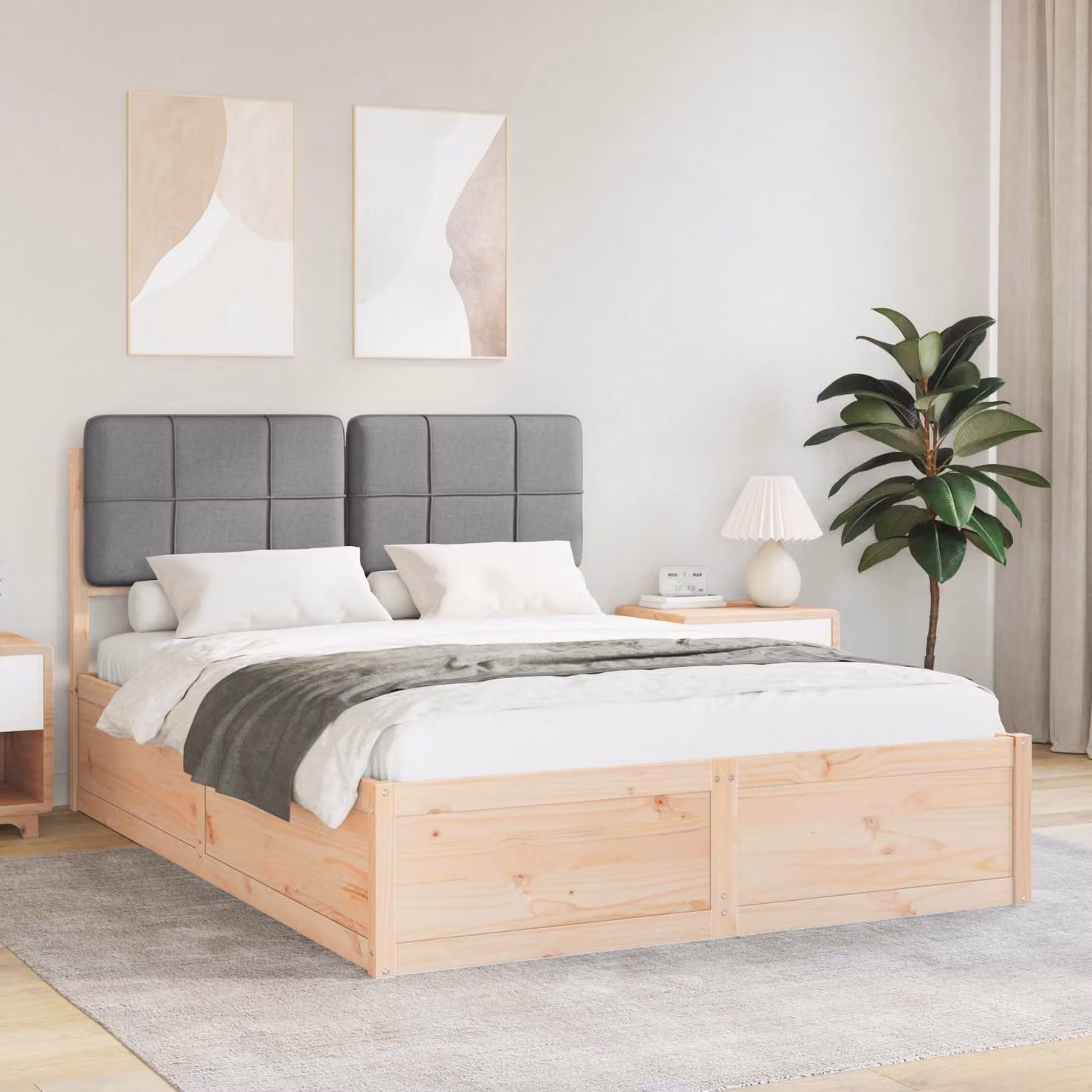 Letto con Testiera Rivestita vidaXL in Legno di Pino e Tessuto Grigio L: 140 cm, P: 200 cm, H: 105,5 cm – 1