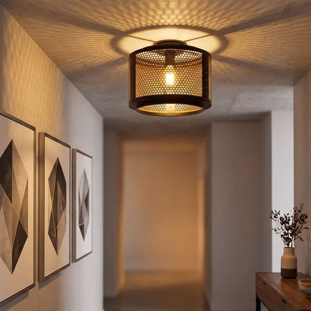Lampada da soffitto a LED, ideale per la camera da letto, con paralume a griglia, finitura oro e nero