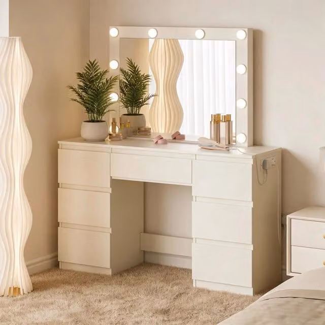 Toeletta Hollywood Mivray con specchio LED dimmerabile, 7 cassetti e prese USB, finitura bianca lucida, L: 110 cm, P: 39.5 cm, H: 140.5 cm – 1
