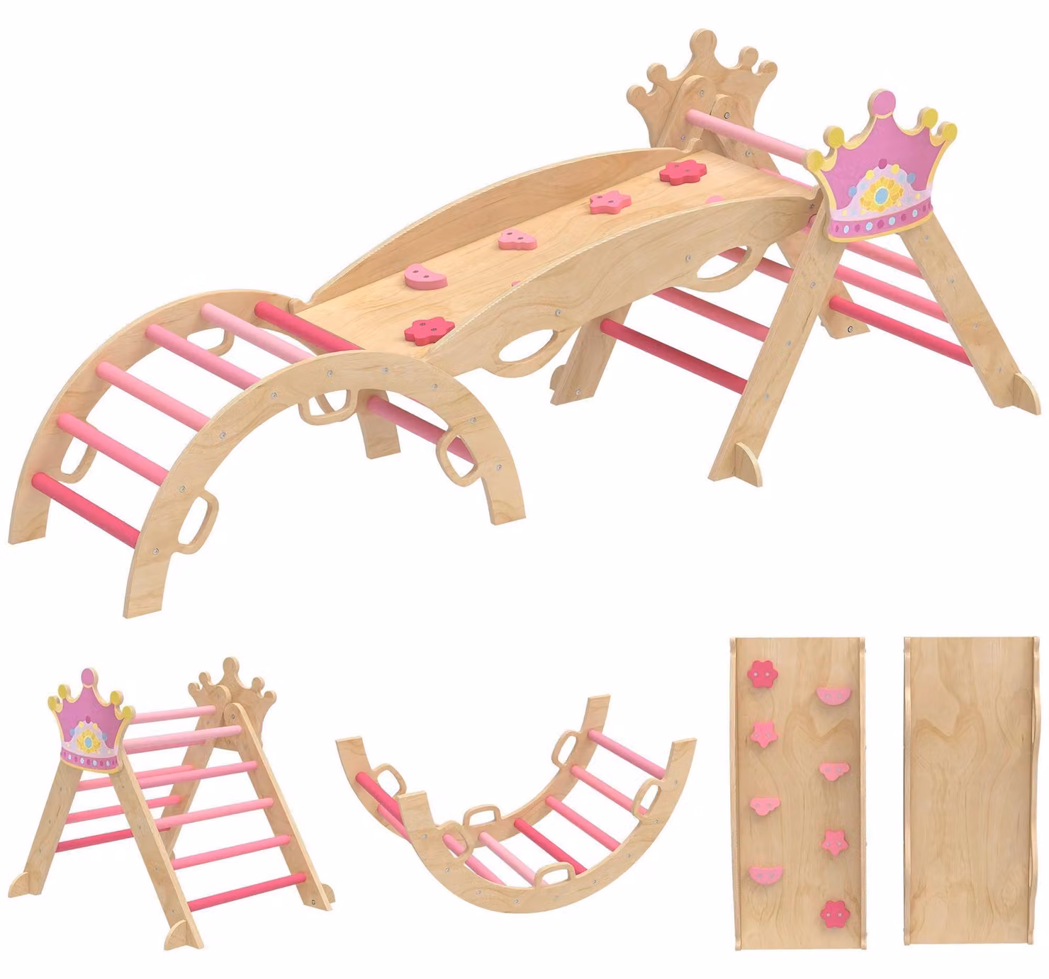 Struttura da gioco multifunzione per bambini (8 in 1) con scivolo - Design a tema principessa | Colore: Rosa e marrone | Dimensioni: 80x42x38 cm
