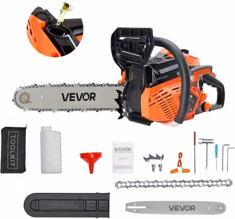 Motosega a Gas VEVOR da 40 cc con Motore a Scoppio da 1,8 CV, Barra da 355 mm, Impugnatura Antiscivolo e Doppio Serbatoio, Arancione Nero