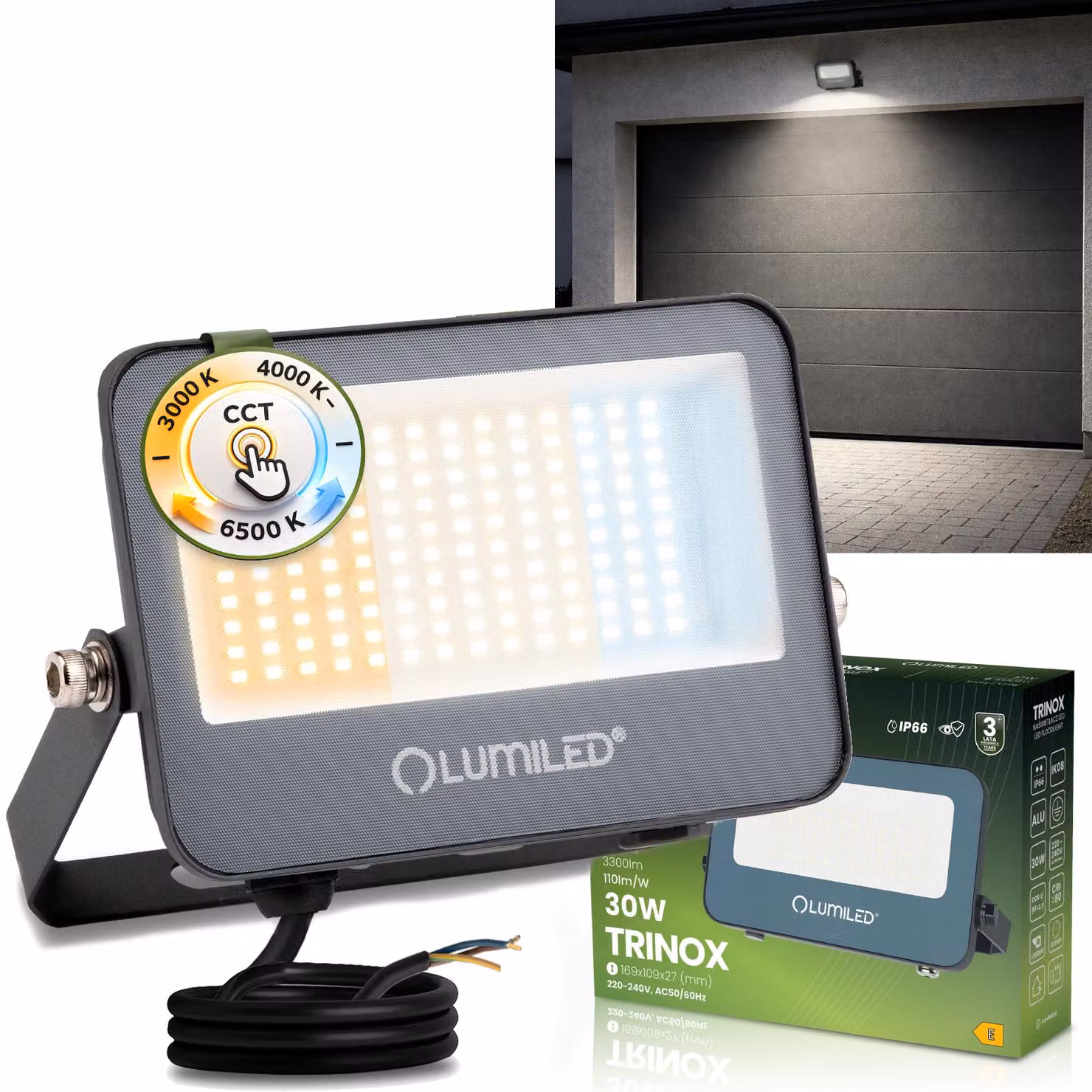 LUMILED Faretto LED per esterni 30W 3300lm CCT 3000K 4000K 6500K IP66 Impermeabile Proiettore per esterni Faretto da giardino Garage Cortile Faretto da parete Alluminio Grigio Faretti Proiettori neri Proiettori