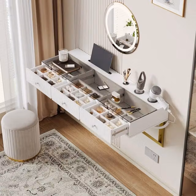 Tavolo da trucco Minimal bianco con 3 cassetti e piano in vetro L: 120 cm, P: 40 cm, H: 45 cm