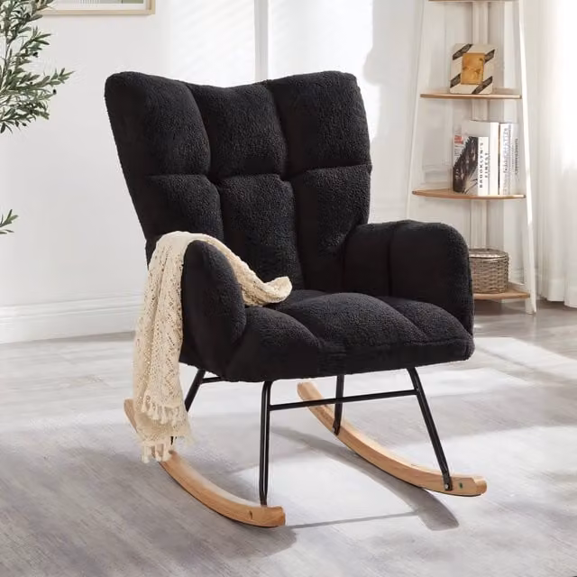 Poltrona a dondolo REDOM in tessuto grigio e nero con braccioli, stile scandinavo, L/P/H: 69 x 47 x 101 cm