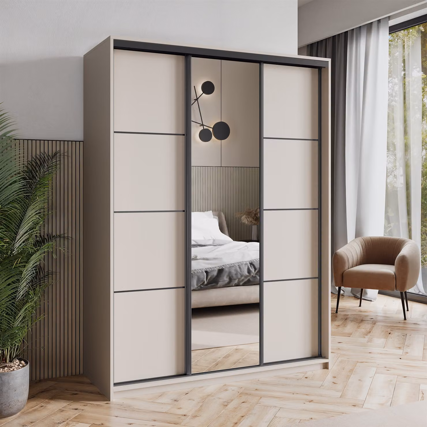 Armadio scorrevole Masseno VARO 150/205/60 cm Armadio con cassetti Armadio per camera da letto a 3 ante con specchio Cashmere + Nero
