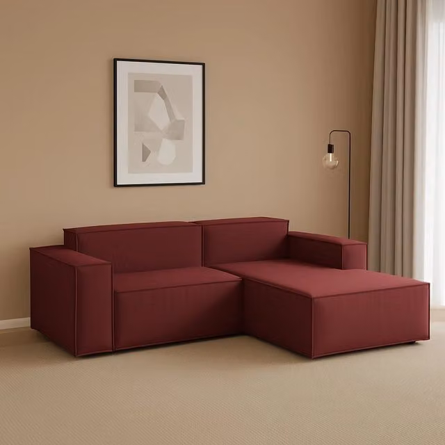 Divano componibile Ameli TALAMO ITALIA con penisola destra, Sofà moderno a 2 posti in tessuto rosso con funzione letto e coperture rimovibili, L/P/H: 240 x 170 x 70 cm – 1