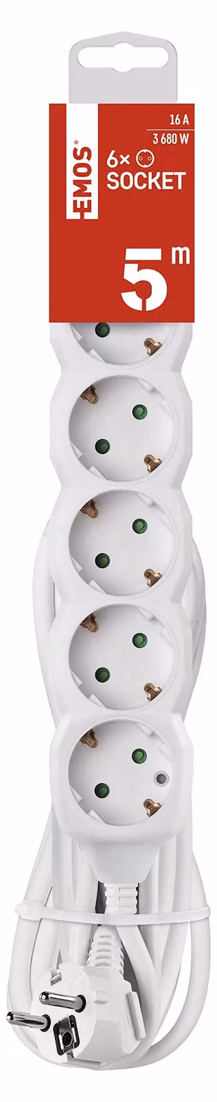 Presa EMOS a 6 vie, 5 m di cavo 1,5 mm2, bianco, 1,5 mm2, prese ruotate di 45°, Schuko a 5 vie con protezione tattile avanzata, per uso interno, P0625R