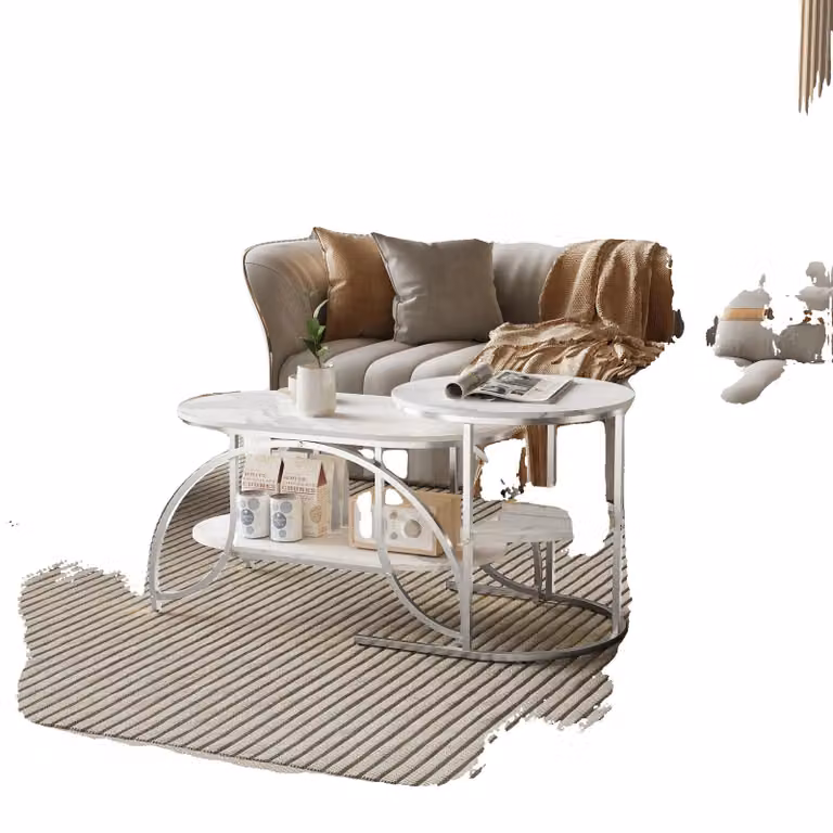 Set da tavolino, design impilabile, effetto marmo, bianco