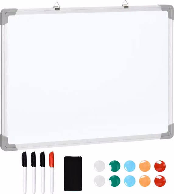 Lavagna Magnetica da Parete HOMCOM in Alluminio Bianco con Gomma, Pennarelli e Magneti, L: 60 cm, H: 45 cm, P: 1,8 cm