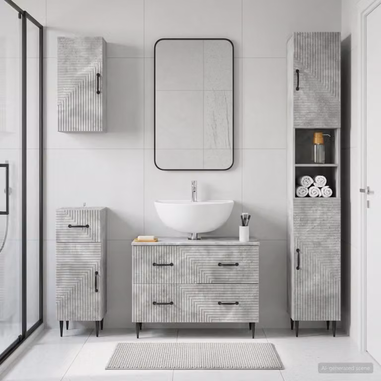 Set di mobili da bagno moderno vidaXL HAARLEM composto da 4 pezzi in colore grigio cemento con base lavabo e pensili